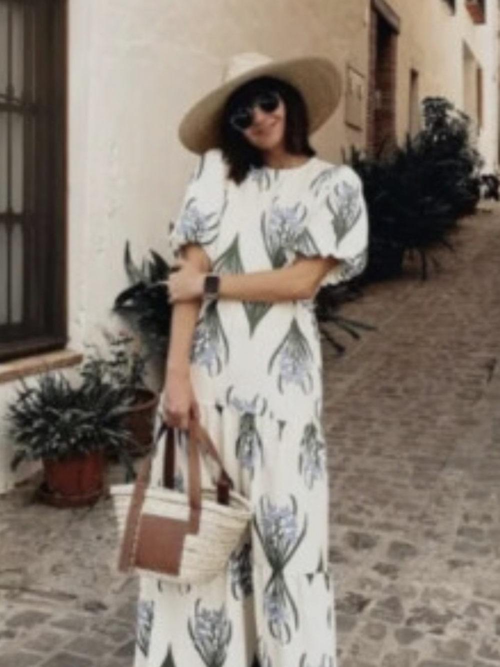 Zara White Maxi Dress with Blue and Green Floral Print